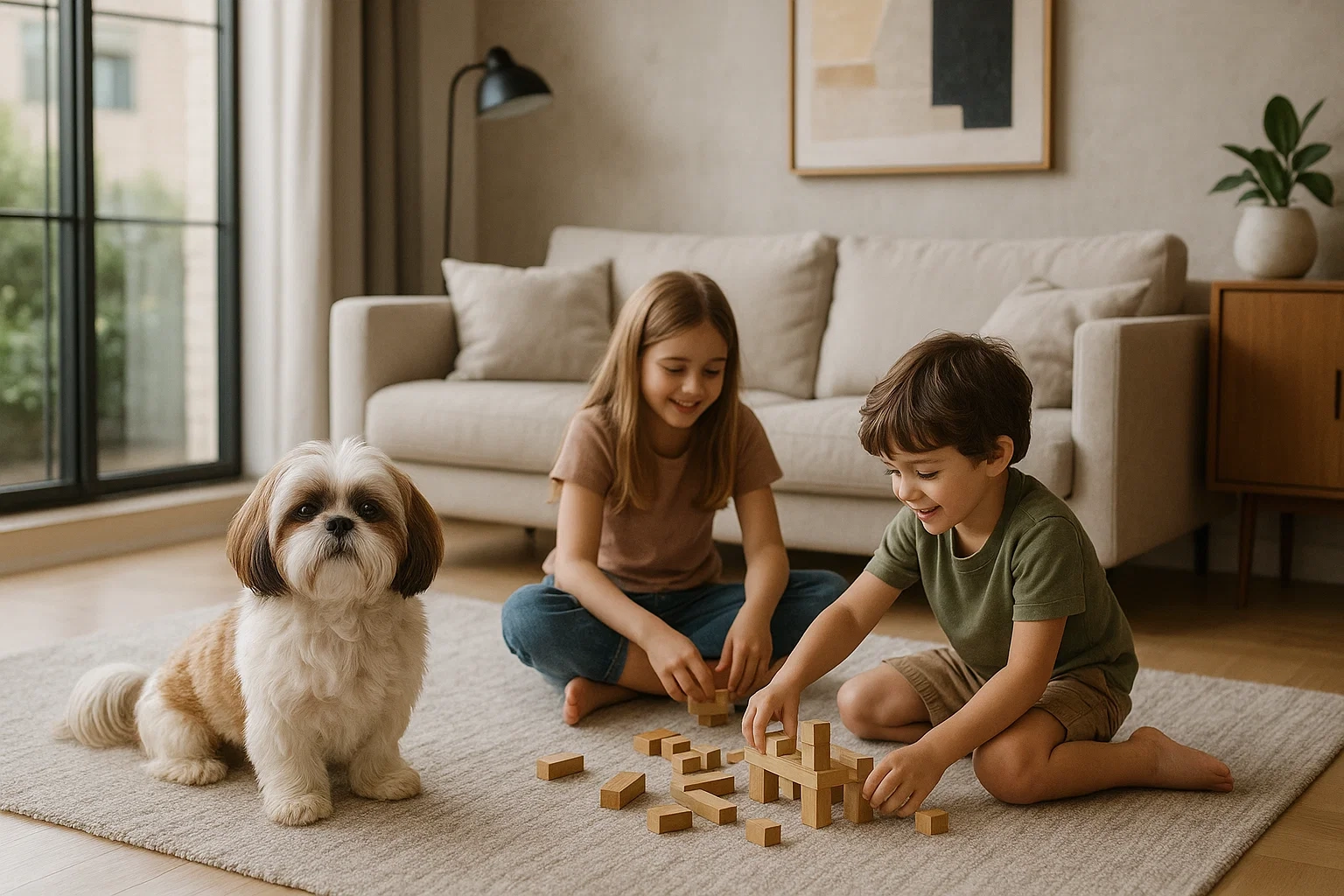 Crianças brincando na sala de estar com um cachorrinho.