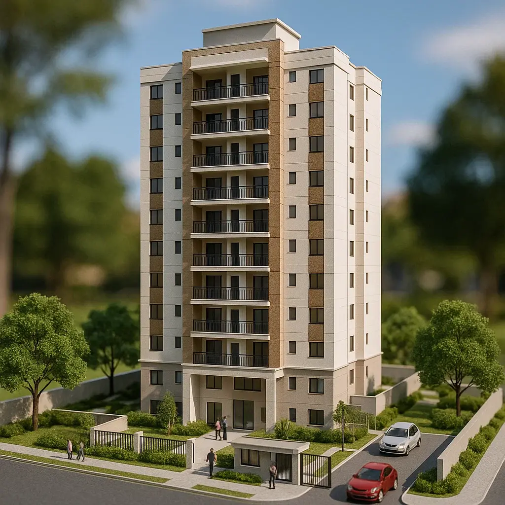 Maquete eletrônica de um prédio residencial moderno cercado por área verde.