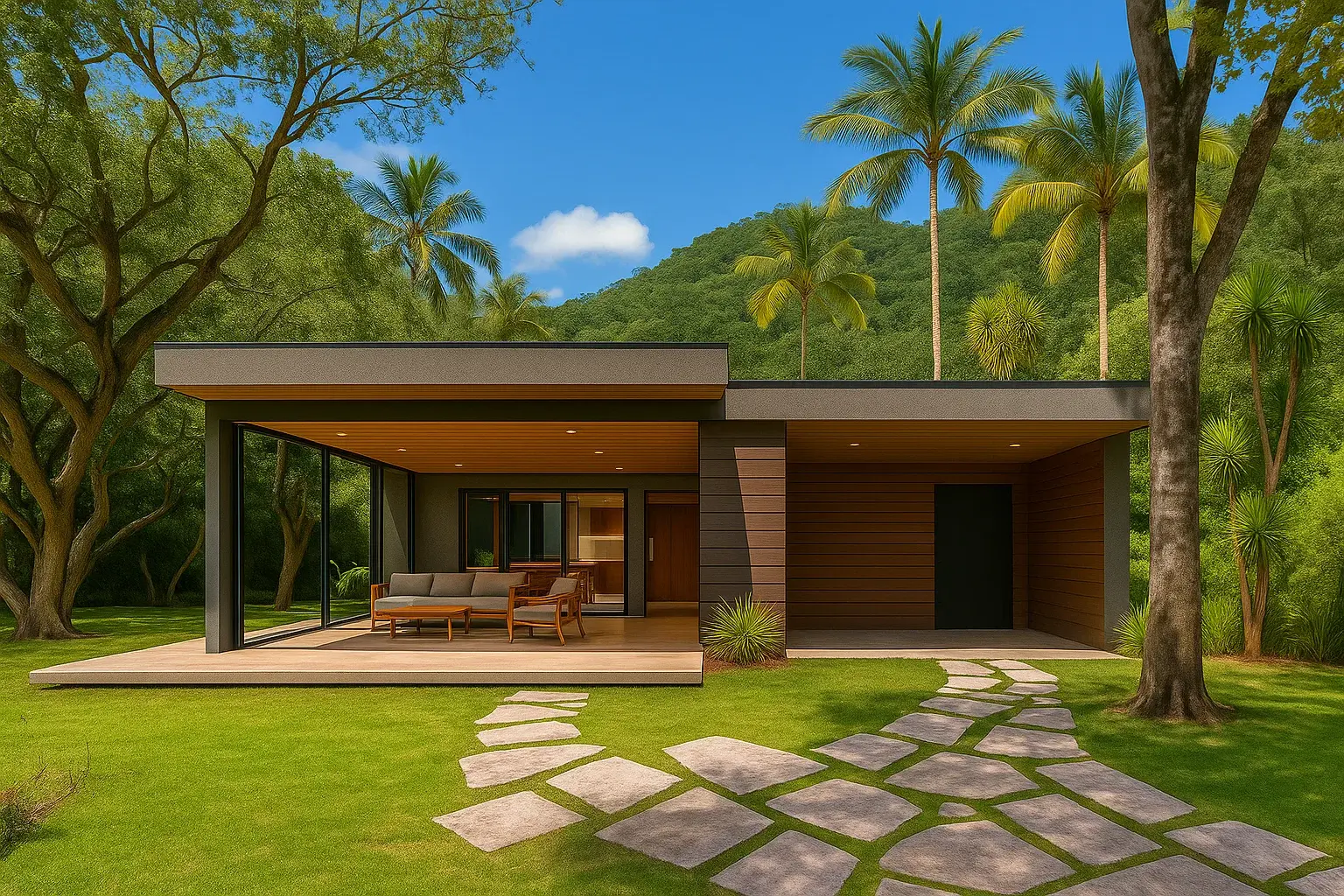 Fachada de casa moderna com jardim na Serra da Cantareira.