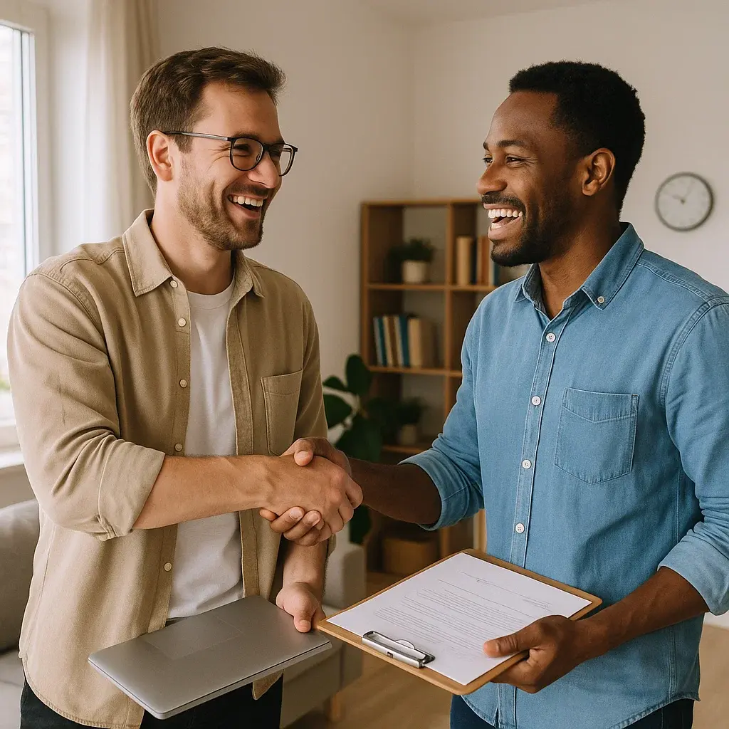 Corretor de imóveis e cliente sorrindo e apertando as mãos ao fechar um contrato.