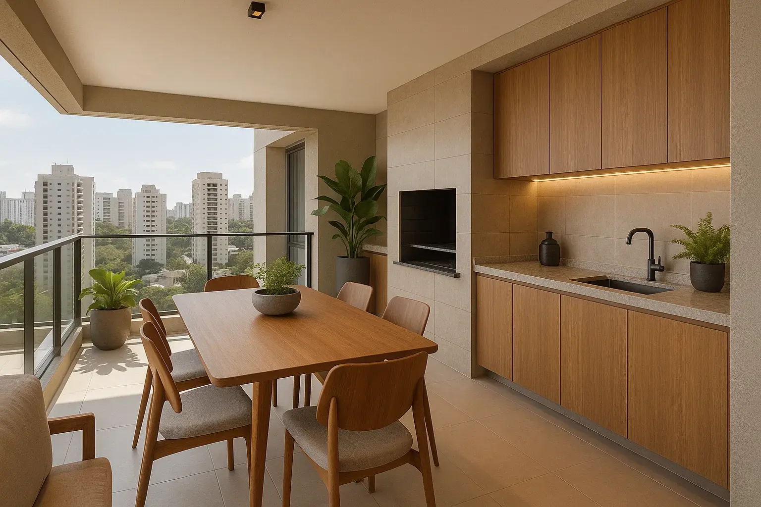 Varanda gourmet espaçosa com mesa de jantar de madeira e cozinha planejada ao fundo.